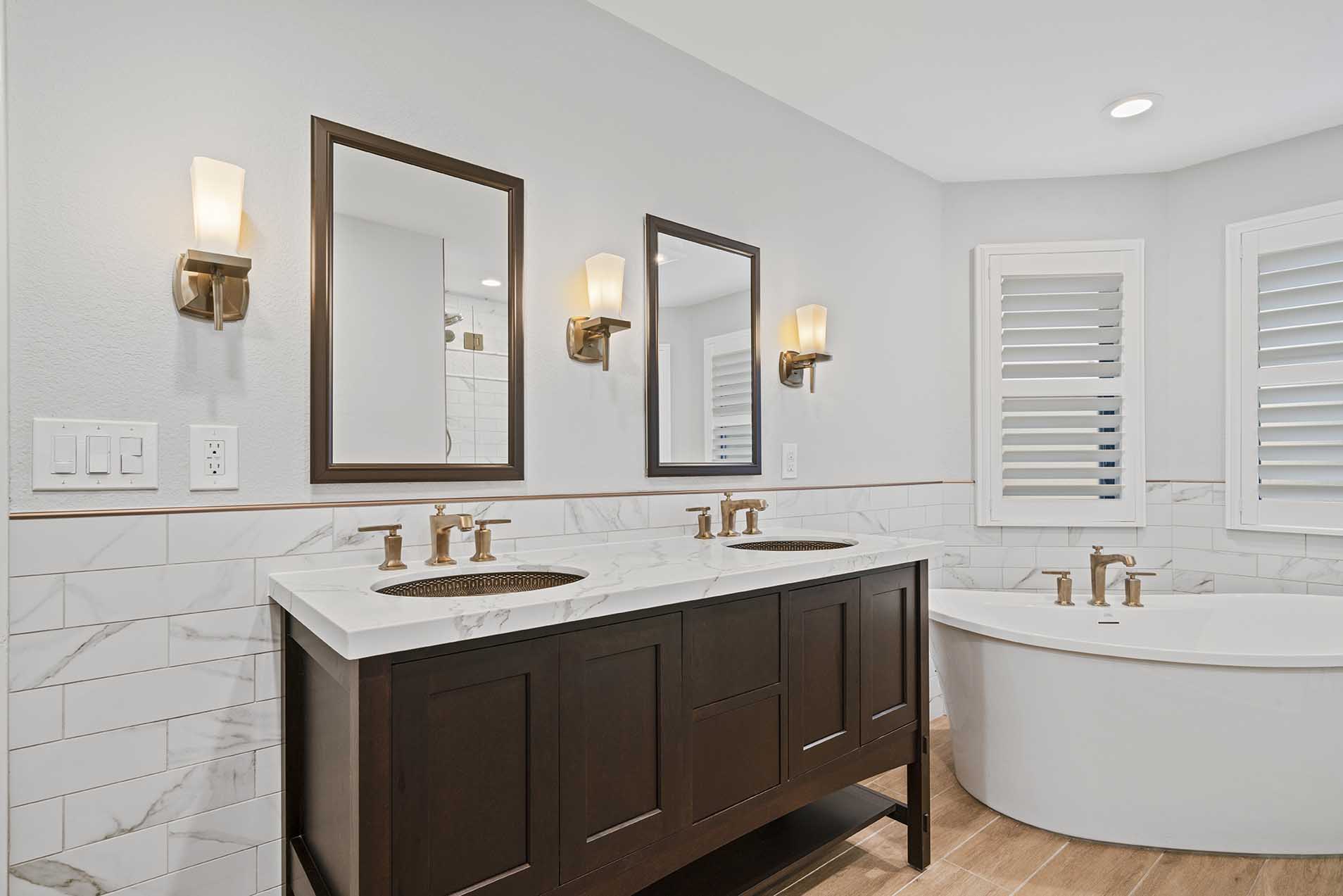 Bathroom remodel featuring bronze vessel sinks in Sacramento CA 95825