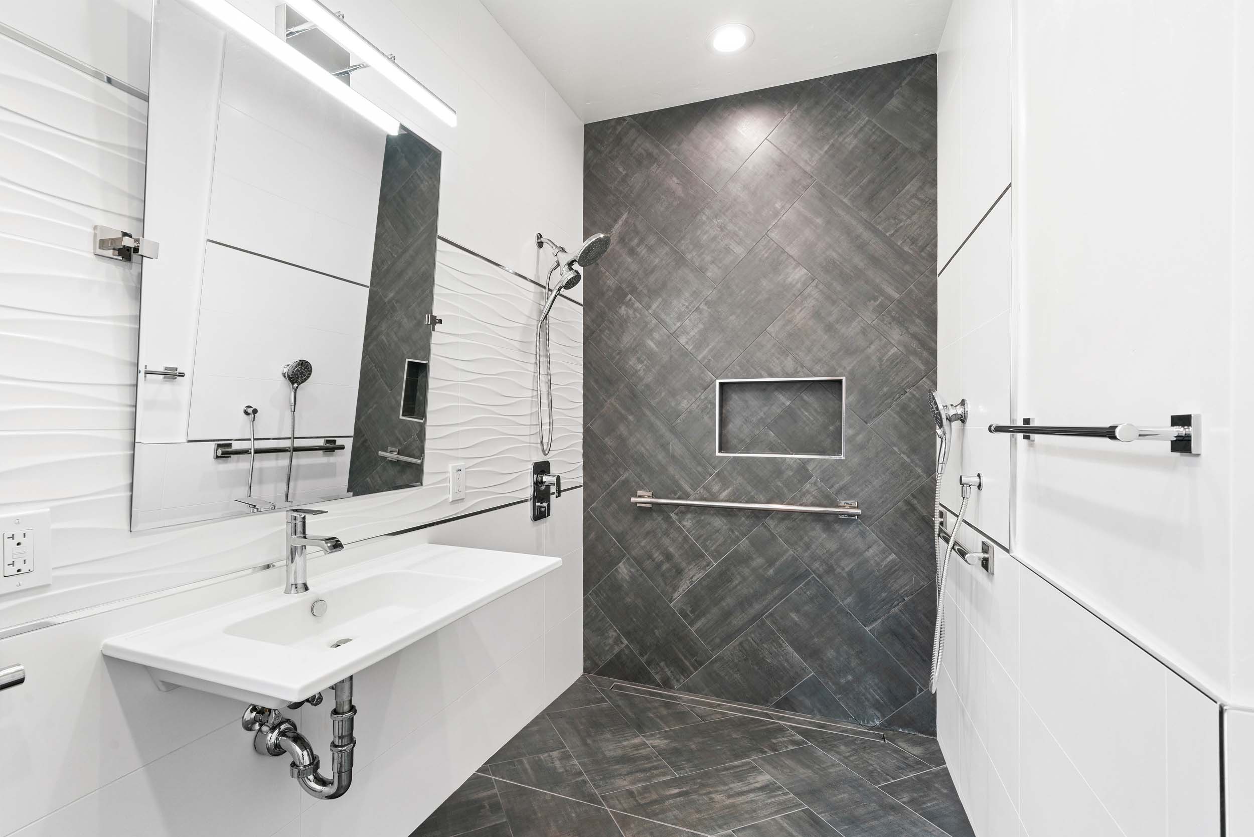 ADA bathroom remodeling with barrier-free walk-in shower and slip-resistant flooring in Sacramento, CA 95829