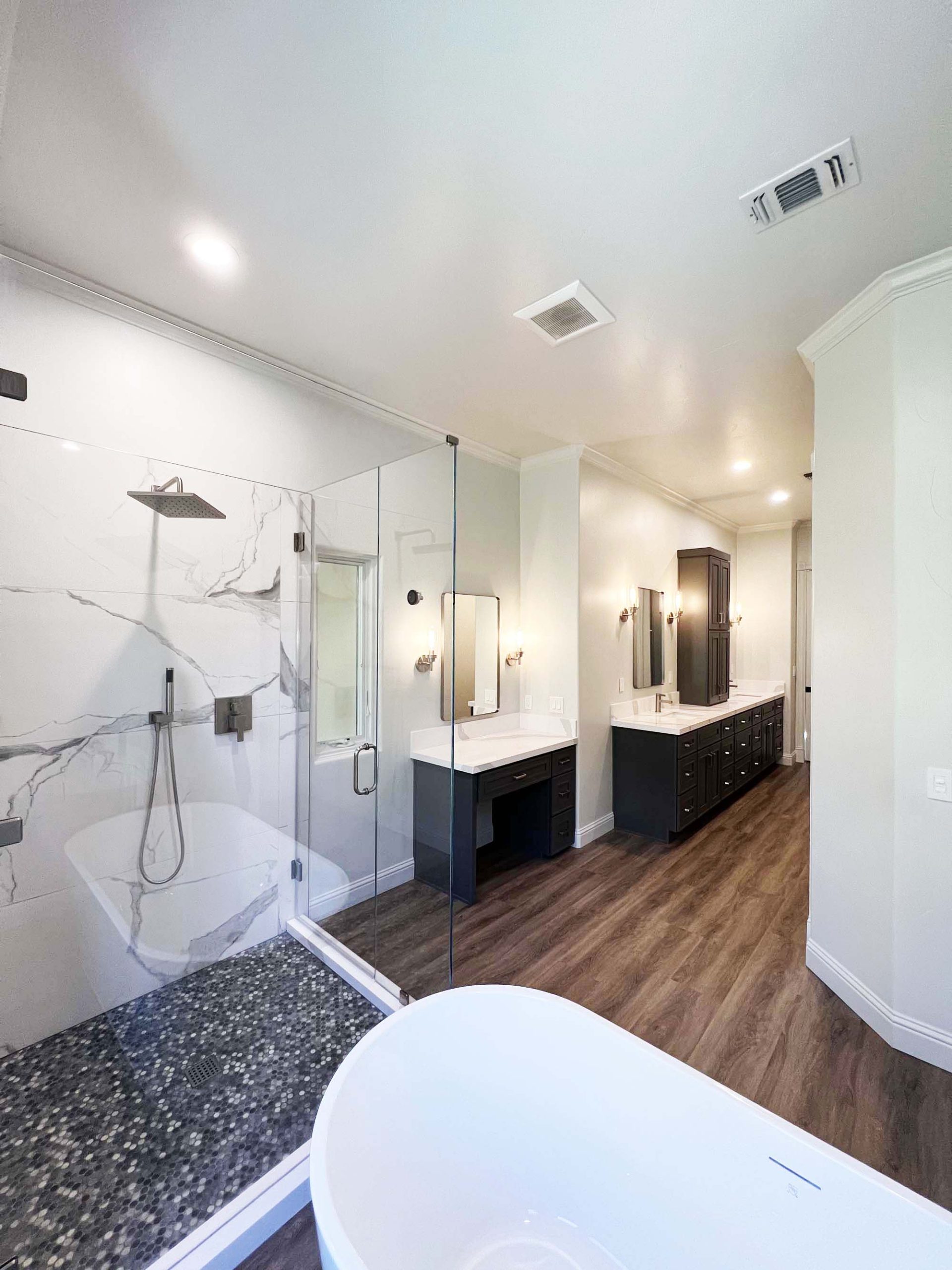 Master bathroom layout showing walk-in shower, freestanding tub, and extended vanity in Granite Bay, CA 95746
