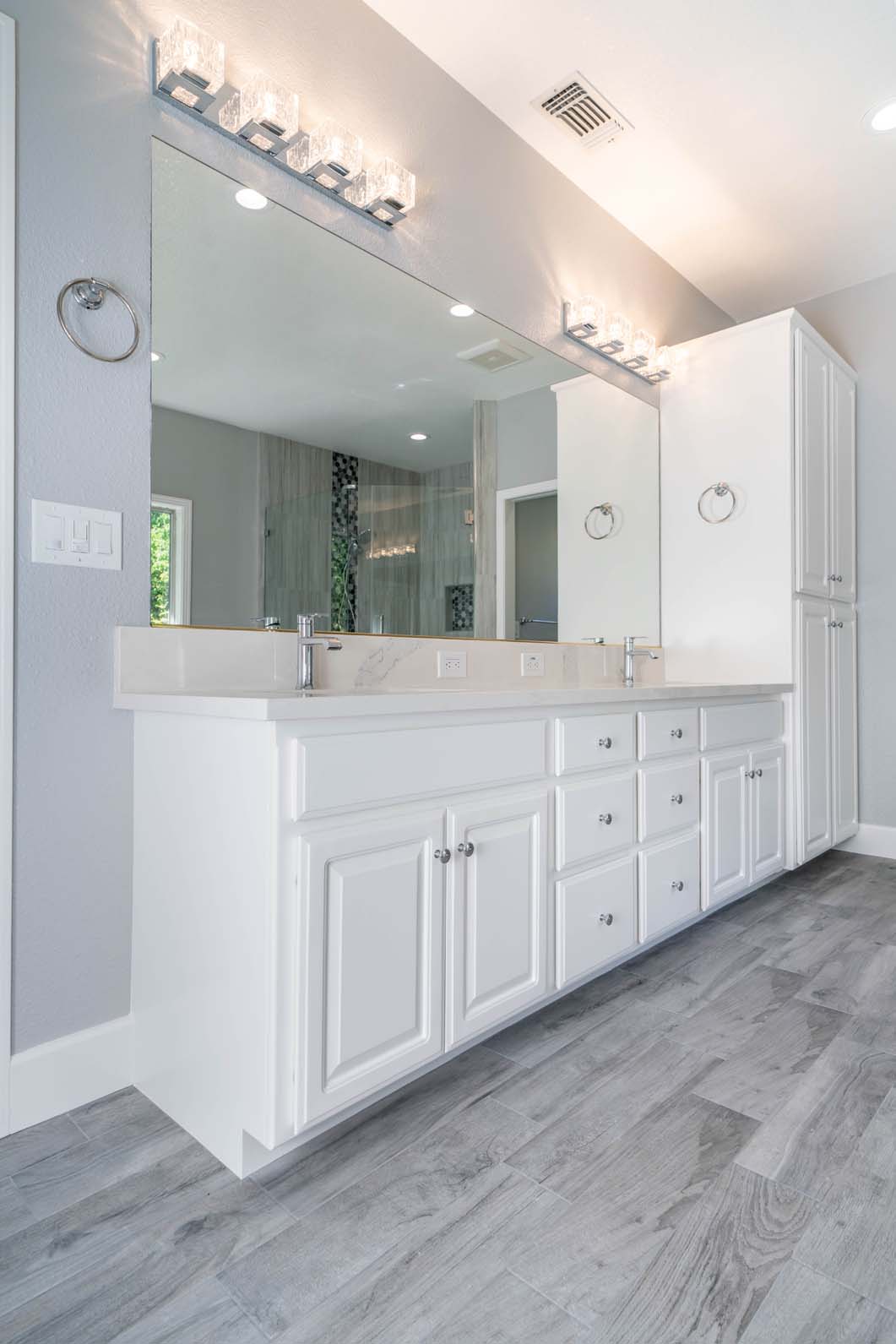 Shaker-style vanity and lighting upgrade in Sacramento, CA 95831 master bathroom.