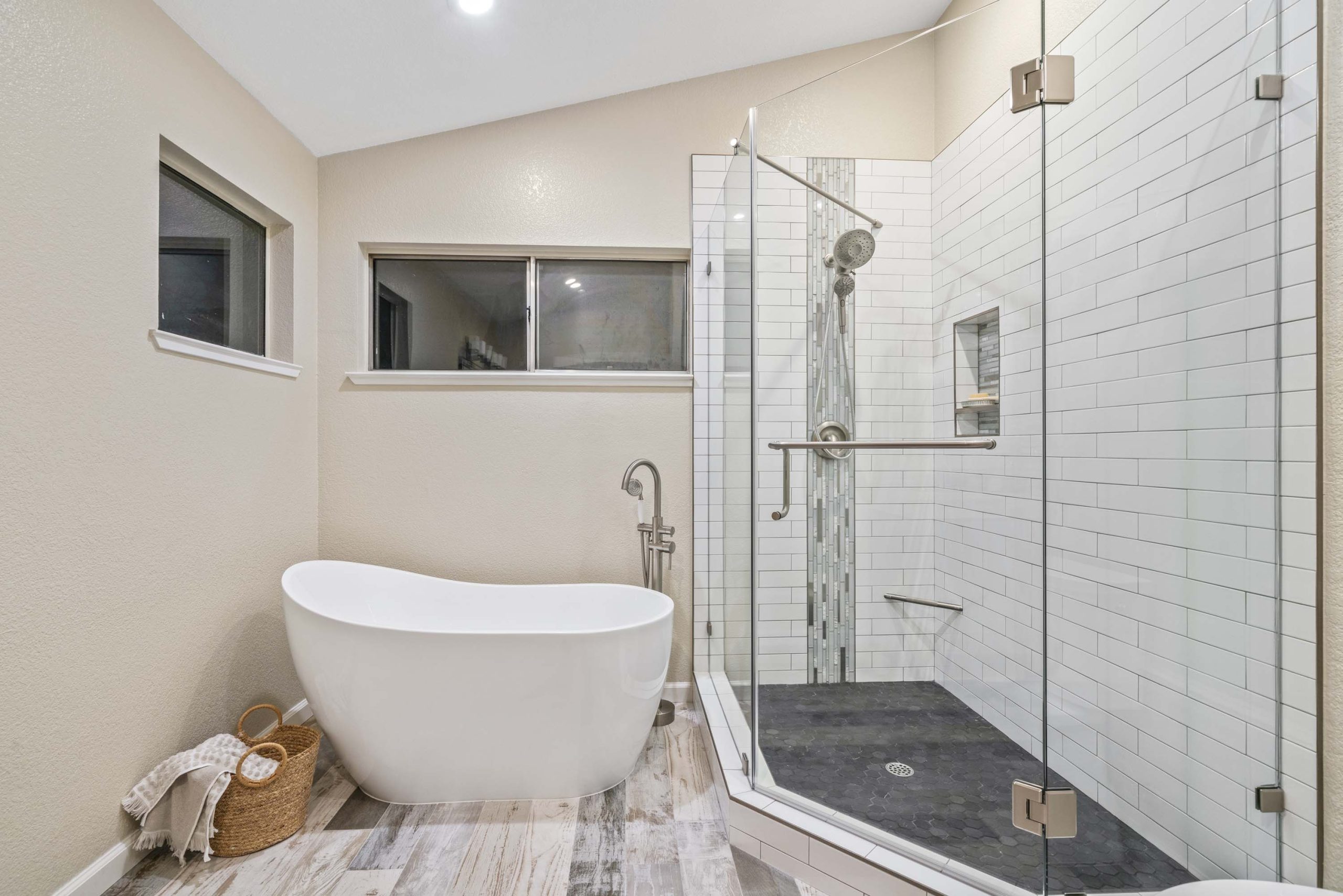 Updated master bathroom layout with shower and tub in Roseville, CA 95678