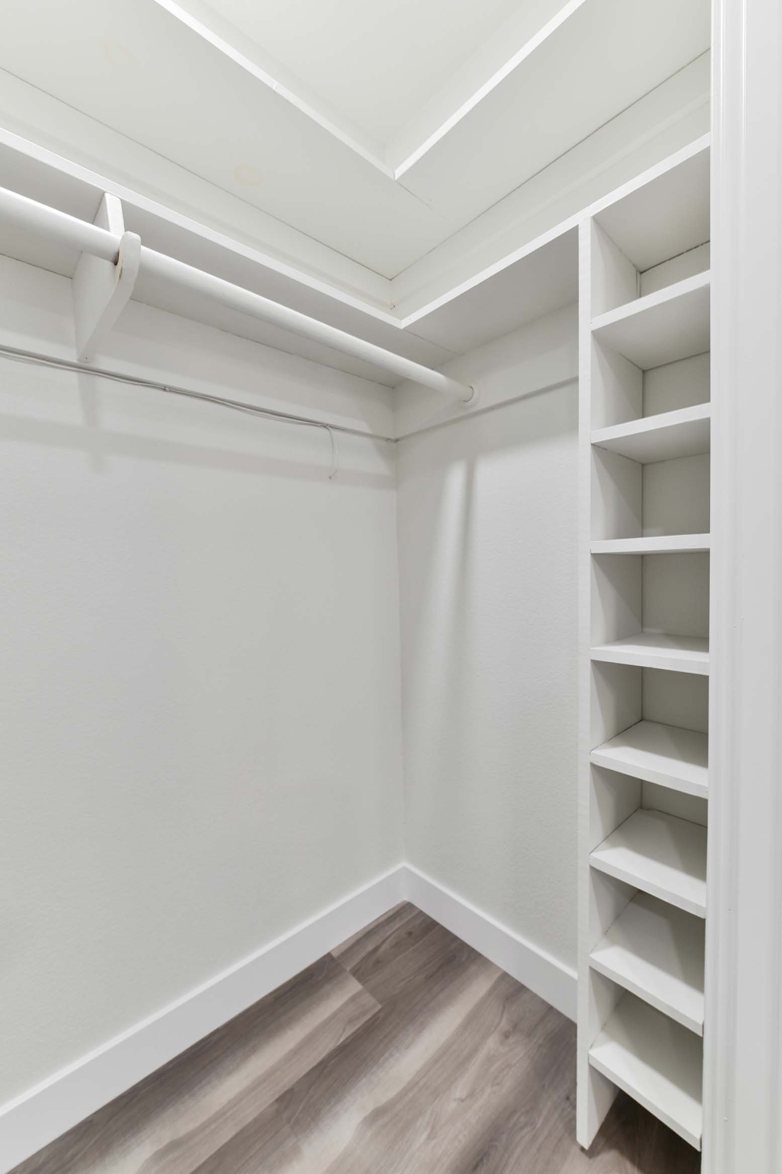 Integrated shelving designed for efficient closet organization.