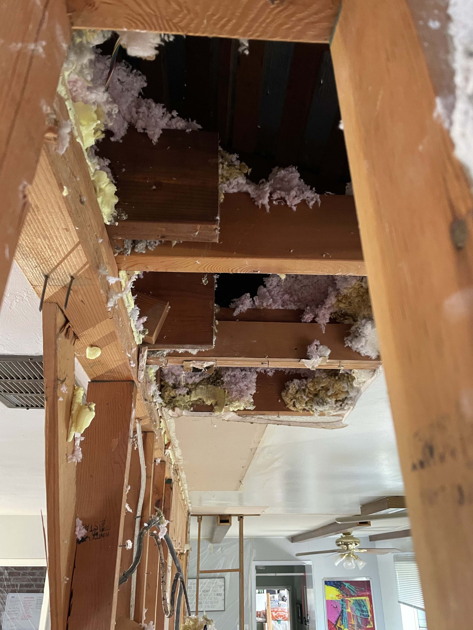 Close-up of ceiling joists and insulation during demolition of the load-bearing wall in the Roseville open-concept kitchen project