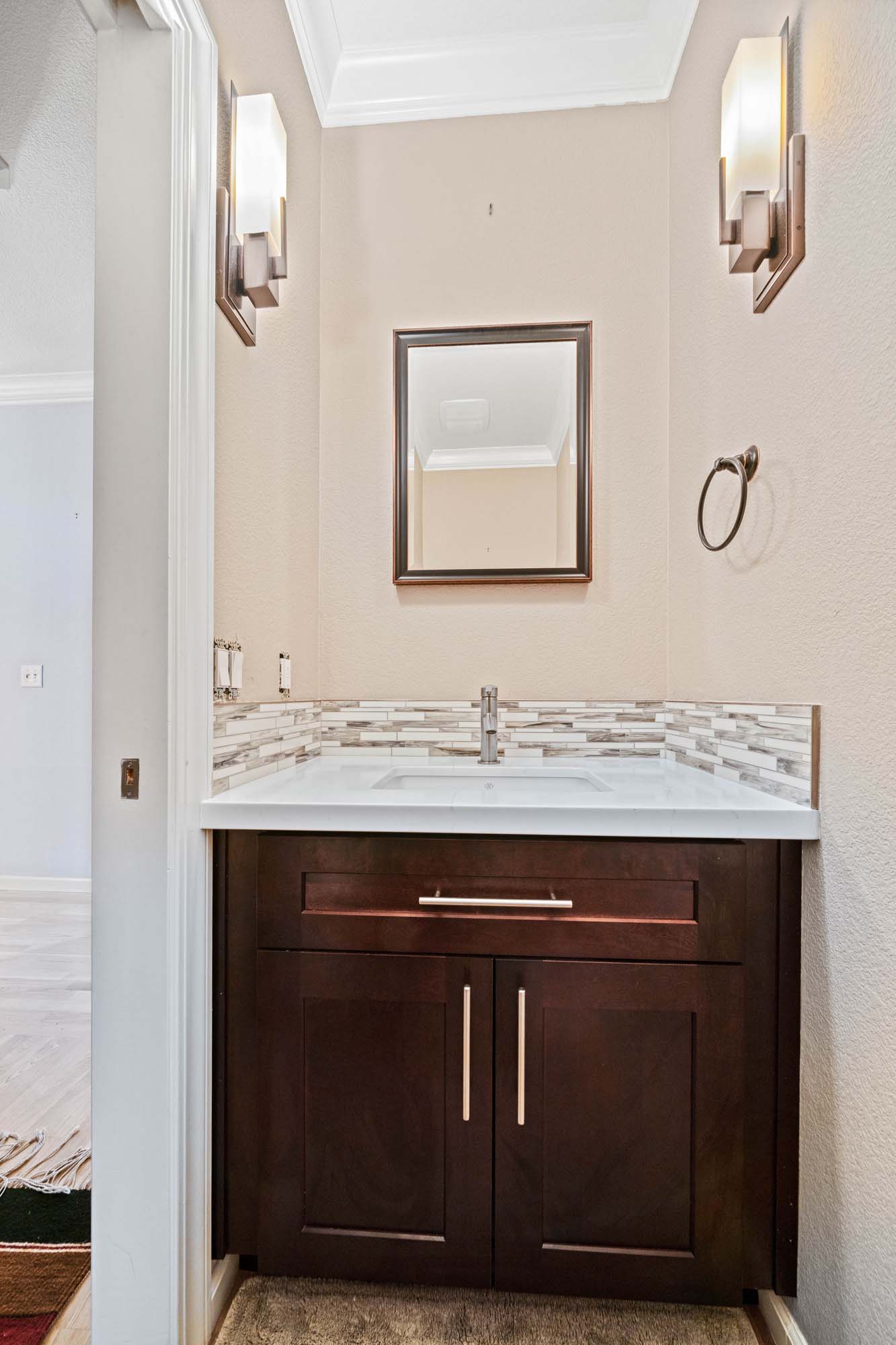 Dark Wood Bathroom Vanity with Mosaic Backsplash Auburn CA 95602