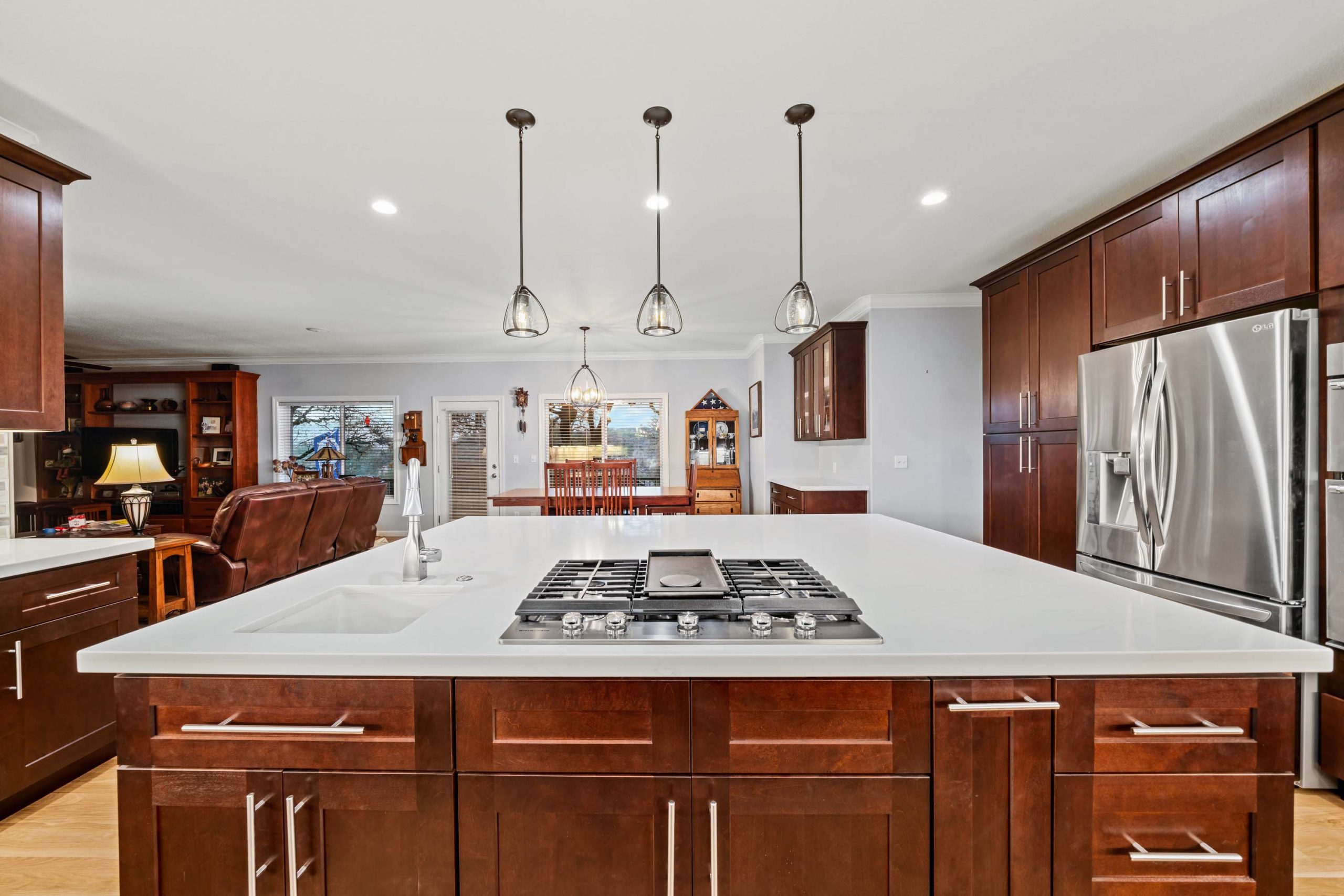 Kitchen Island with Gas Cooktop and Pendant Lights Auburn CA 95602