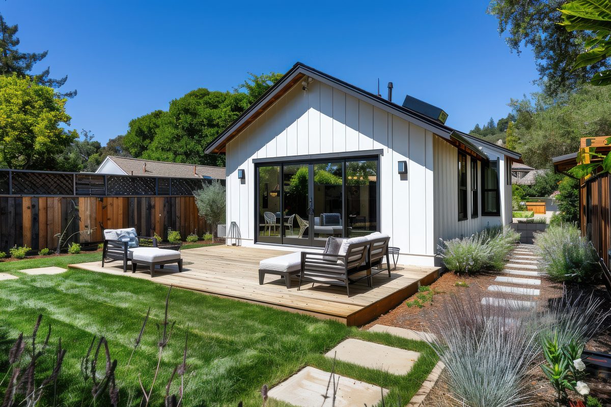 Single story home with a new rear addition opening onto a landscaped patio