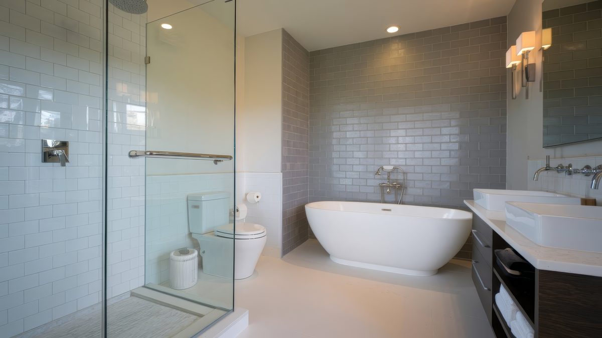 Modern bathroom with a glass enclosed walk in shower next to a freestanding tub